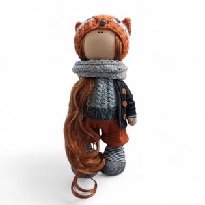 Handcrafted Fox Hat Doll with Orange and Gray Outfit